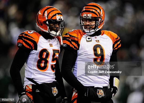 Quarterback Carson Palmer of the Cincinnati Bengals talks with teammate Chad Ochocinco during the game against the New York Jets at Giants Stadium on...