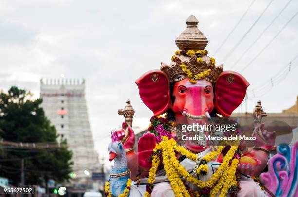 Sculpture representing Ganesha is carried to the ocean during the Ganesh Chaturthi celebration. Clay sculptures representing Ganesha are carried to...