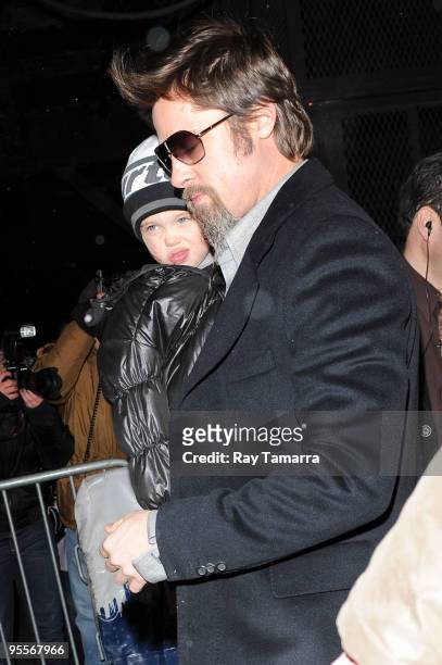 Actor Brad Pitt and Shiloh Nouvel Jolie-Pitt leave the "Mary Poppins" show at the New Amsterdam Theater on January 03, 2010 in New York City.