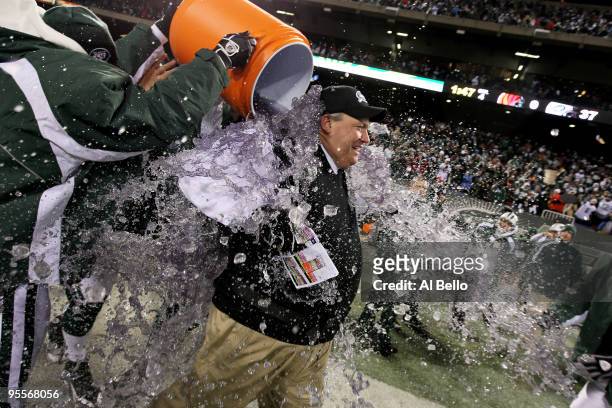 Rex Ryan, Head Coach of the New York Jets, has Gatorade dumped on him by players at the end of the fourth quarter in celebration of their 37-0...