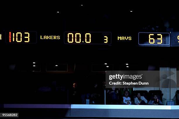 The scoreboard at the end of the third quarter shows the Los Angeles Lakers with 103 points against the Dallas Mavericks on January 3, 2010 at...