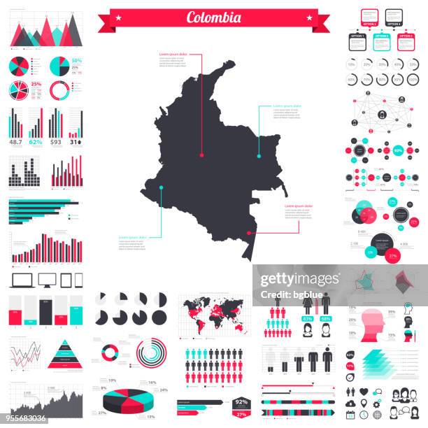 ilustraciones, imágenes clip art, dibujos animados e iconos de stock de mapa de colombia con elementos de infografía - gran conjunto gráfico creativo - colombia