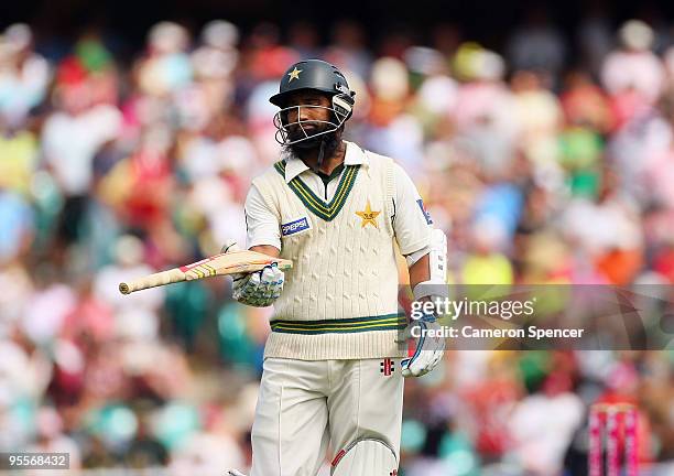 Mohammad Yousuf of Pakistan looks dejected after being dismissed by Mitchell Johnson of Australia during day two of the Second Test match between...