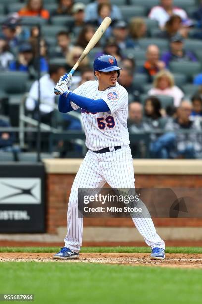 Jose Lobaton of the New York Mets bats against the Colorado Rockies at Citi Field on May 6, 2018 in the Flushing neighborhood of the Queens borough...