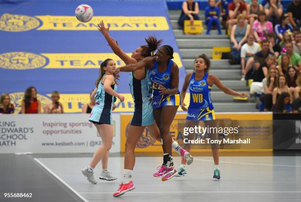 Kadeen Corbin of Team Bath challenges Samantha Cook of Severn Stars during the Vitality Superleague match between Team Bath and Severn Stars at...