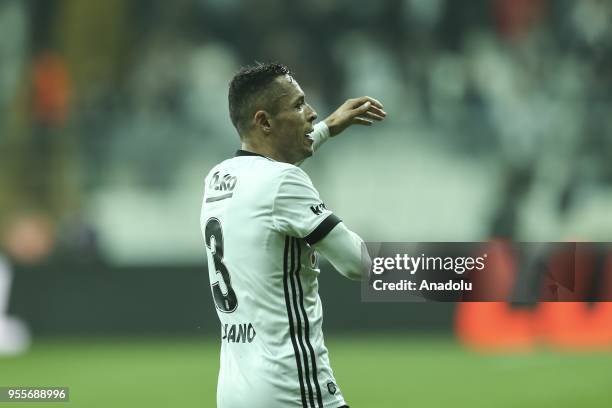 Adriano Correia of Besiktas celebrates after scoring a goal during a Turkish Super Lig soccer match between Besiktas and Kayserispor at Vodafone Park...