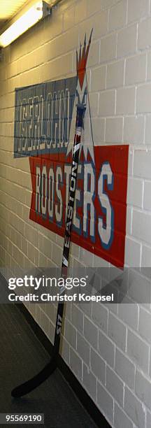Wall with the logo of the Iserlohn Roosters is seen in the Sports Hall during the DEL match between Iserlohn Roosters and Adler Mannheim at the Ice...