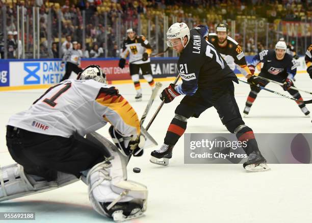 Niklas Treutle of Team Germany and Dylan Larkin of Team USA during the game between USA and Germany on May 7, 2018 in Herning, Denmark.