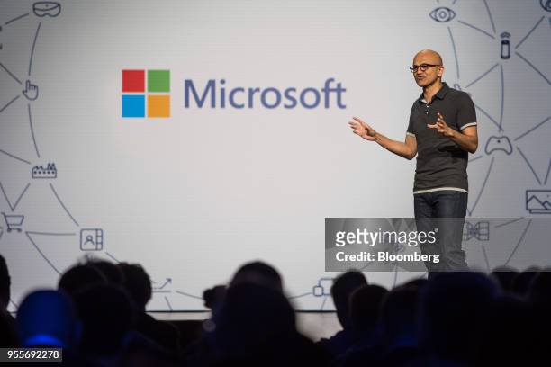Satya Nadella, chief executive officer of Microsoft Corp., speaks during the Microsoft Developers Build Conference in Seattle, Washington, U.S., on...