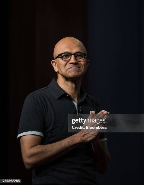 Satya Nadella, chief executive officer of Microsoft Corp., pauses while speaking during the Microsoft Developers Build Conference in Seattle,...