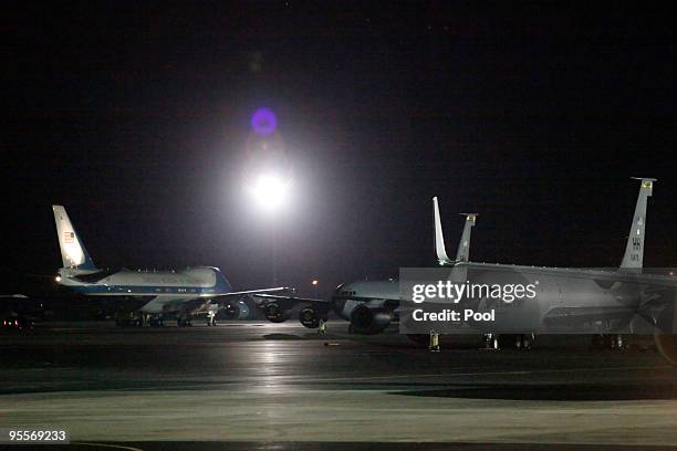 Air Force One taxis at Hickam Air Force Base on Sunday, January 3, 2010 in Honolulu, Hawaii. Obama and his family spent the winter holidays in his...