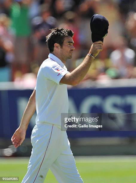 James Anderson of England applauds the crowd after his five-wicket haul during day 2 of the 3rd test match between South Africa and England from...