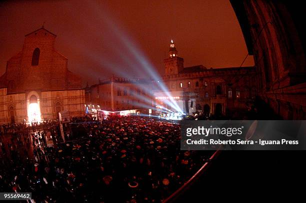 Piazza Maggiore full of people for the concert on December 31, 2009 in Bologna, Italy.