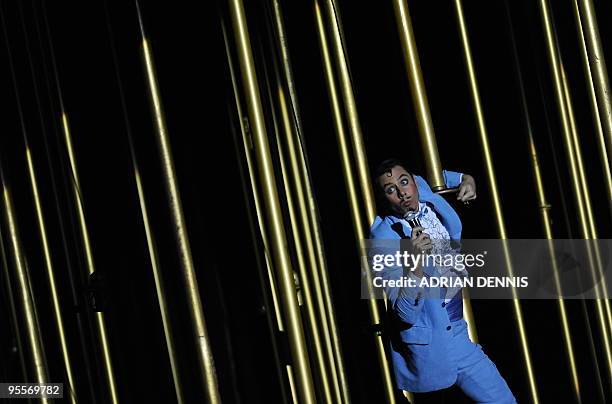 The Clown, Steven Bishop performs "Ne me quitte pas", during the dress rehearsal of Cirque Du Soleil's Varekai show at The Royal Albert Hall in...