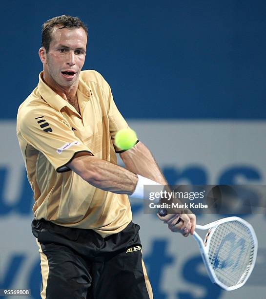 Radek Stepanek of the Czech Republic plays a backhand in his first round match against John Millman of Australia during day two of the Brisbane...