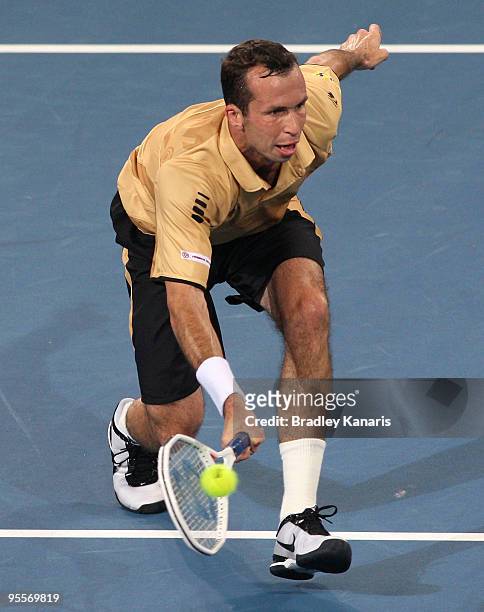Radek Stepanek of Czechoslovakia plays a forehand volley in his first round match against John Millman of Australia during day two of the Brisbane...