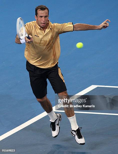 Radek Stepanek of Czechoslovakia plays a forehand in his first round match against John Millman of Australia during day two of the Brisbane...