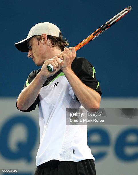 John Millman of Australia reacts after losing a point in his first round match against Radek Stepanek of the Czech Republic during day two of the...