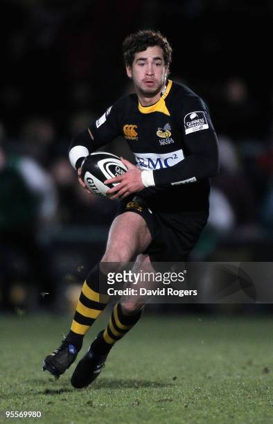 Danny Cipriani of Wasps runs with the ball during the Guinness Premiership match between London Wasps and Newcastle Falcons at Adams Park on January...