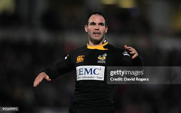 Mark Robinson of Wasps looks on during the Guinness Premiership match between London Wasps and Newcastle Falcons at Adams Park on January 3, 2010 in...