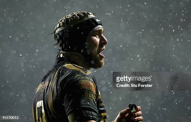 Ospreys captain Ryan Jones looks on during the Magners League match between Ospreys and Cardiff Blues at the Liberty Stadium on January 1, 2010 in...
