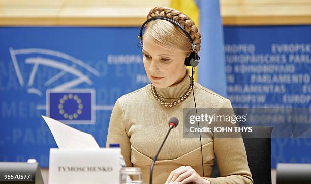 Ukrainian Prime Minister Yulia Tymoschenko sits at the EU Parliament in Brussels, 28 January 2008. Tymoshenko denied toay that her country wished to...