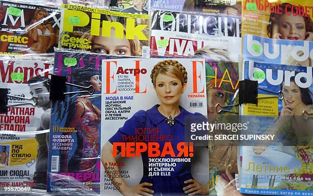 Women's magazines set in the shop-window of news-stall in Kiev 19 April, 2005. Ukrainian Prime Minister Yulia Tymoshenko, a leader of last year's...