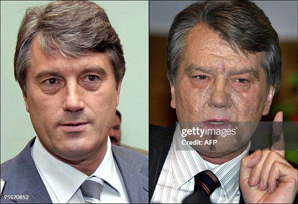 File pictures show Ukrainian opposition and presidential candidate Viktor Yushchenko in Kiev 06 July 2004 after he received his presidential...