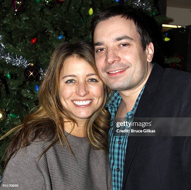 Nancy Juvonen and husband Jimmy Fallon pose backstage at "Irving Berlin's White Christmas" on Broadway at The Marriott Marquis Theater on January 2,...