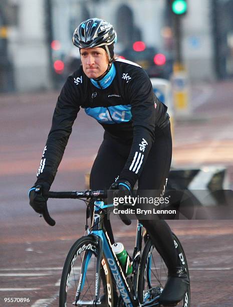 Bradley Wiggins of Great Britain and Team Sky prepares to lead a group of amateur cyclists down the Mall to celebrate the launch of the new Team Sky...