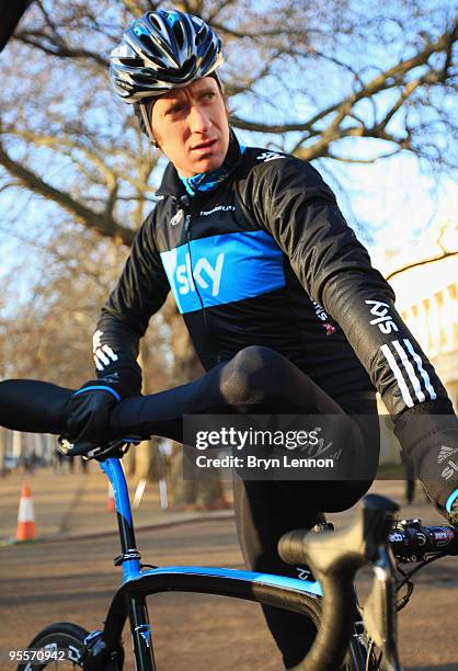 Bradley Wiggins of Great Britain and Team Sky prepares to lead a group of amateur cyclists down the Mall to celebrate the launch of the new Team Sky...