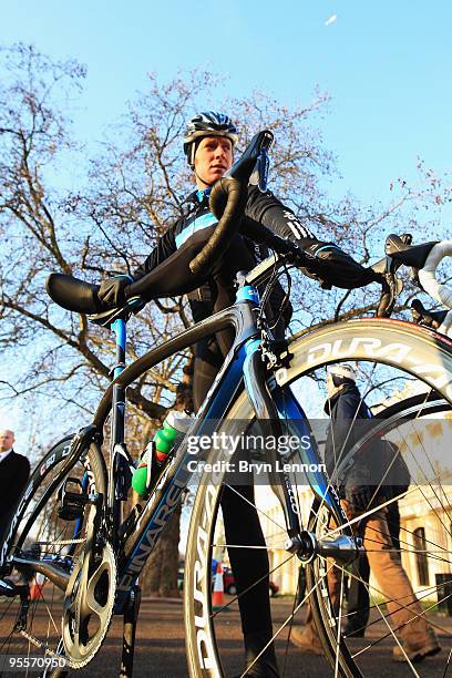 Bradley Wiggins of Great Britain and Team Sky prepares to lead a group of amateur cyclists down the Mall to celebrate the launch of the new Team Sky...