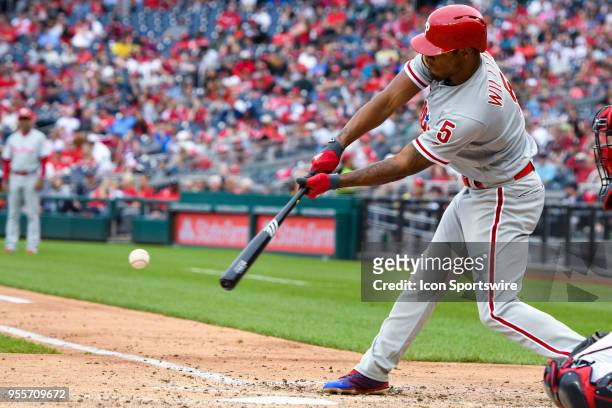 Philadelphia Phillies right fielder Nick Williams gets a base hit during the game between the Philadelphia Phillies and the Washington Nationals on...