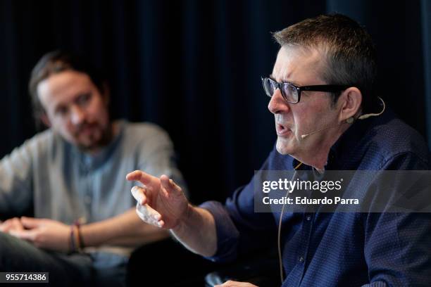 Writer Max Pradera AKA Joseph Gelinek and Pablo Iglesias attend the 'Las dos muertes de Mozart' book presentation at Circulo de Bellas Artes on May...