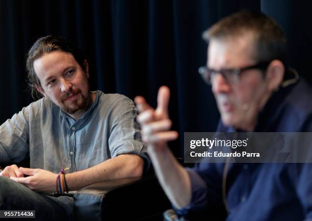 Writer Max Pradera AKA Joseph Gelinek and Pablo Iglesias attend the 'Las dos muertes de Mozart' book presentation at Circulo de Bellas Artes on May...