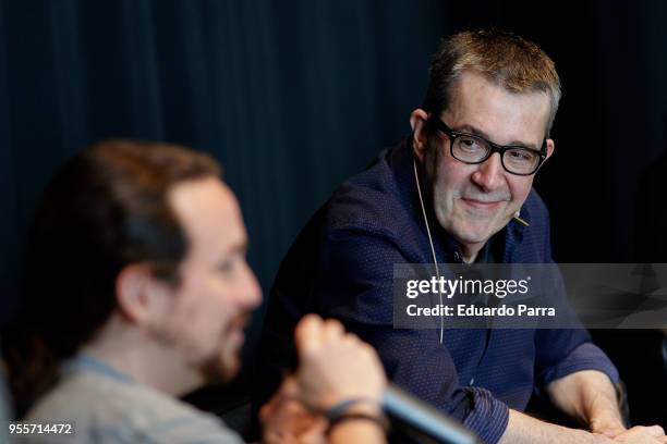 Writer Max Pradera AKA Joseph Gelinek and Pablo Iglesias attend the 'Las dos muertes de Mozart' book presentation at Circulo de Bellas Artes on May...