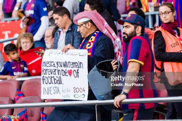 Barcelona fans with banner in support to FC Barcelona midfielder Andres Iniesta during the match between FC Barcelona v Real Madrid, for the round 36...