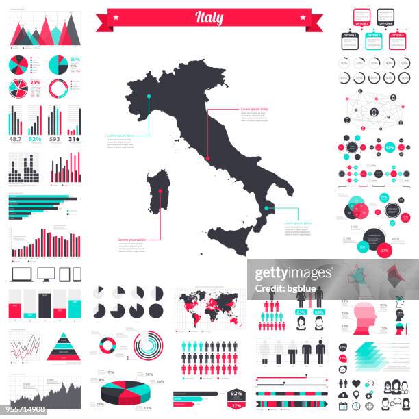 illustrazioni stock, clip art, cartoni animati e icone di tendenza di mappa italia con elementi infografici - grande set grafico creativo - geografia fisica