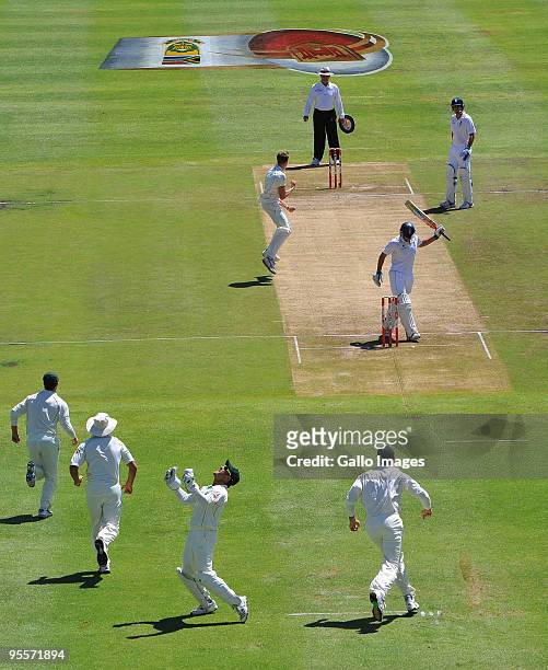 Morne Morkel of South Africa celebrates the wicket of Andrew Strauss of England for 2 runs during day 2 of the 3rd test match between South Africa...
