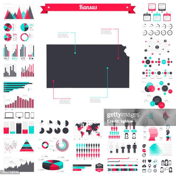 kansas map with infographic elements - big creative graphic set - kansas outline stock illustrations