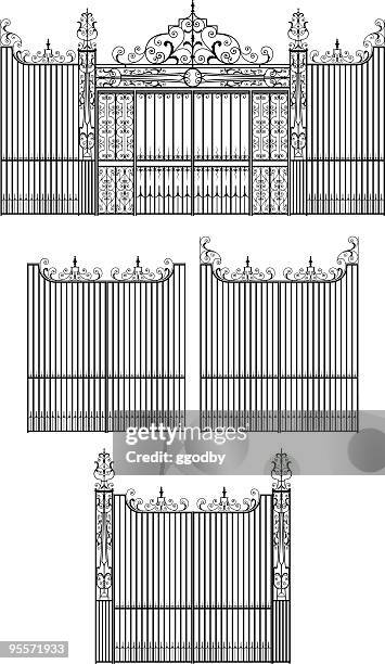 elaborate wrought iron gate set - stately home stock illustrations