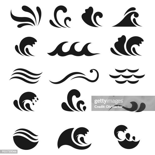 waves icon set - wave water icon stock illustrations