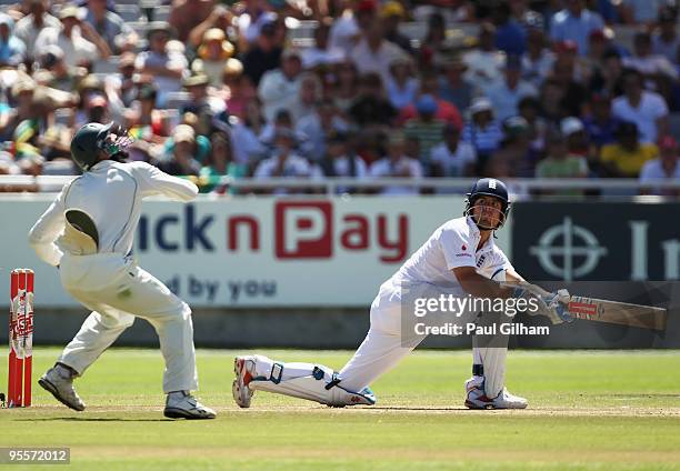 Alastair Cook of England hits out during day two of the third test match between South Africa and England at Newlands Cricket Ground on January 4,...