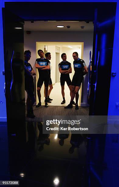 Bradley Wiggins of Great Britain and team mates prepare to be presented to the media as they attend the Team Sky Launch at Millbank Tower on January...