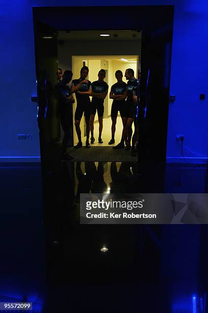 Bradley Wiggins of Great Britain and team mates prepare to be presented to the media as they attend the Team Sky Launch at Millbank Tower on January...