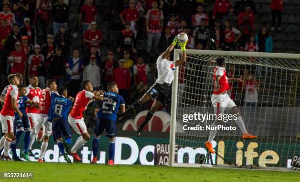 Millonarios goalkeeper, Wuilker Farinez catching the ball during the classic Primera Liga Colombia match between Santa Fe and Millionarios at Estadio...