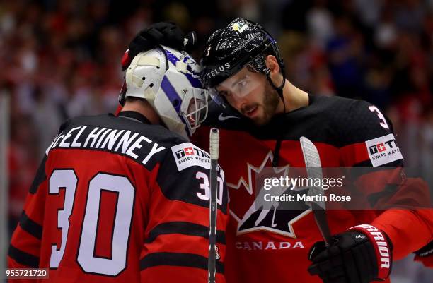 Curtis McElhinney, goaltender of Canada celebrate with team mate Joel Edmundson after the 2018 IIHF Ice Hockey World Championship group stage game...