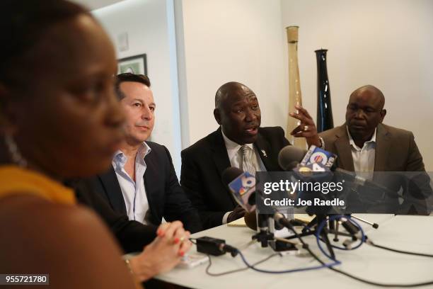 Andrea Goulbourne-Smith and Derick Smith attend a press conference with their lawyer Jose Baez and Benjamin Crump about the announcement that their...