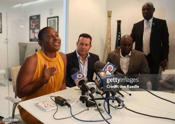 Andrea Goulbourne-Smith and Derick Smith attend a press conference with their lawyer Jose Baez and Benjamin Crump about the announcement that their...