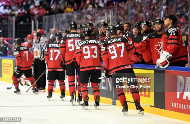Jaden Schwartz, Colton Parayko, Ryan Nugent-Hopkins and Connor McDavid of Team Canada celebrate after scoring the 3:0 during the IIHF World...
